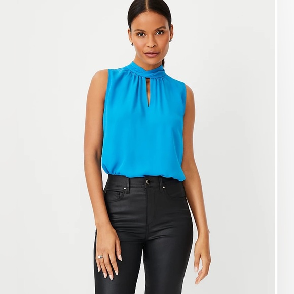 New Ann Taylor Mixed Media Tie Neck Shell - Picture 1 of 7